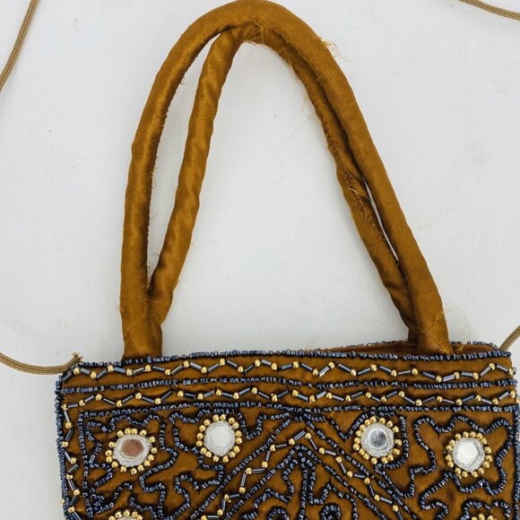 Vintage Embroidered Beaded Mirror Purse Evening Bag Copper Magnetic Close - Picture 8 of 9